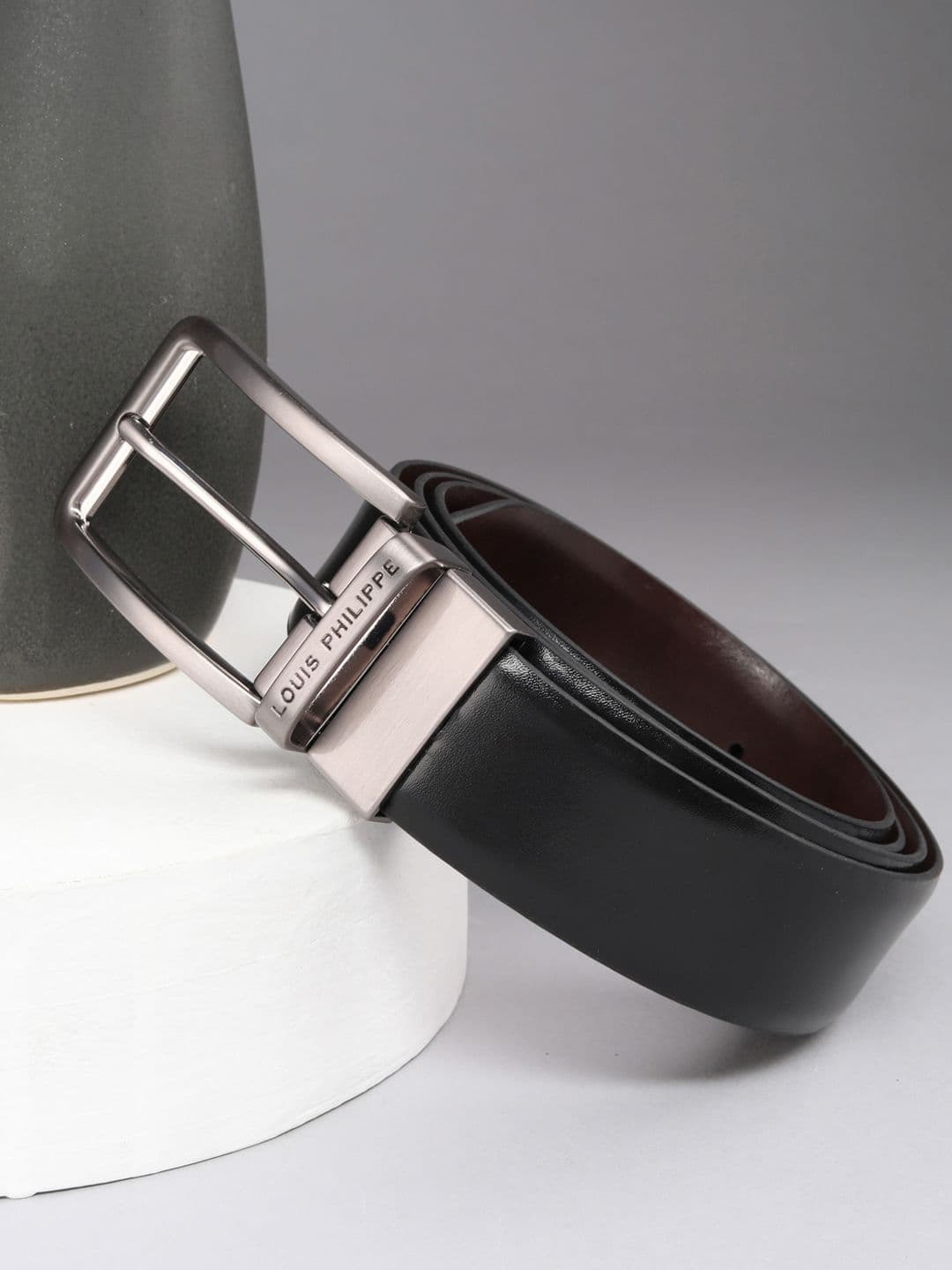 Louis Philippe Men Italian Leather Brush Gun Metal Buckle Formal Reversible Belt - view 1