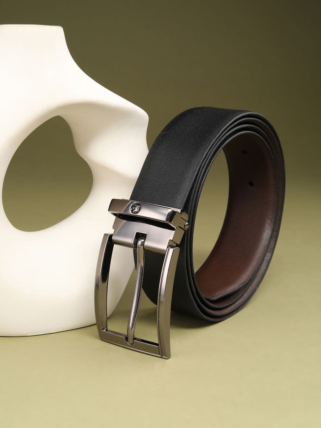 Louis Philippe Men Italian Leather Matt Gun Metal Buckle Formal Reversible Belt - view 1