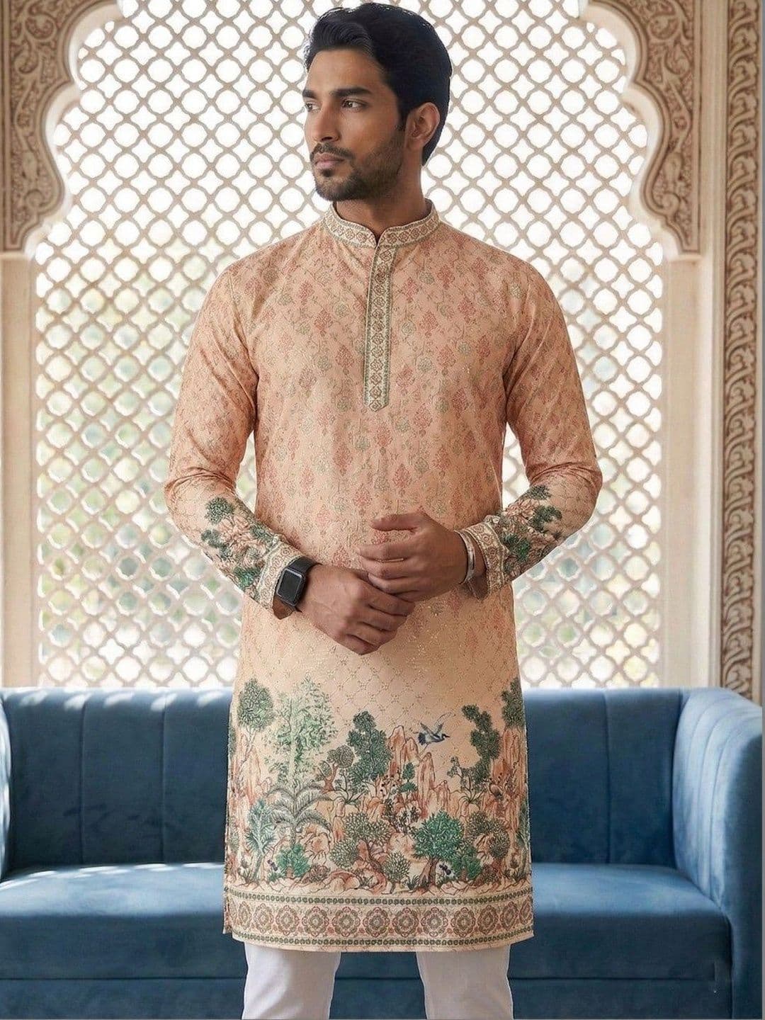 Dincharya Men Ethnic Motifs Printed Sequinned Floral Kurta - view 1