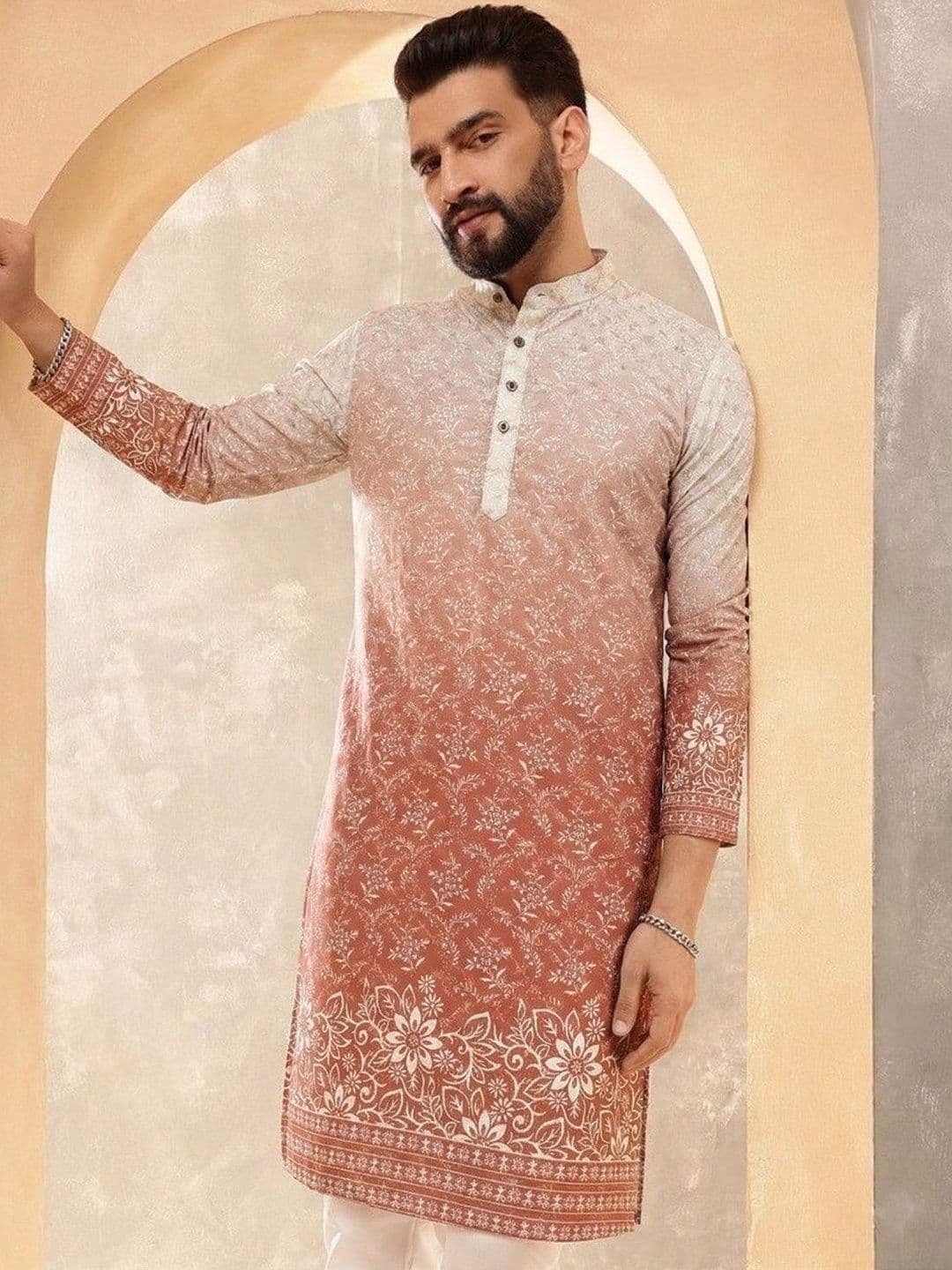 VELKYNOX Men Ethnic Motifs Printed Sequinned Floral Kurta - view 1