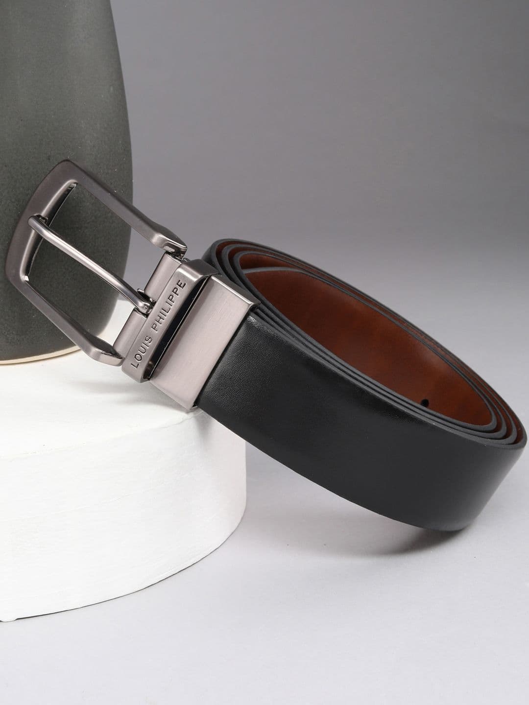 Louis Philippe Men Italian Leather Shiny Nickel Buckle Formal Reversible Belt - view 1