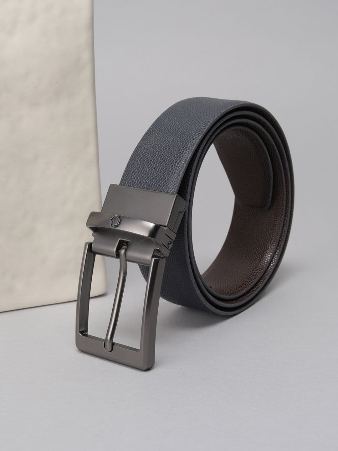 Louis Philippe Men Italian Leather Matt Gun Metal Buckle Formal Reversible Belt - view 1