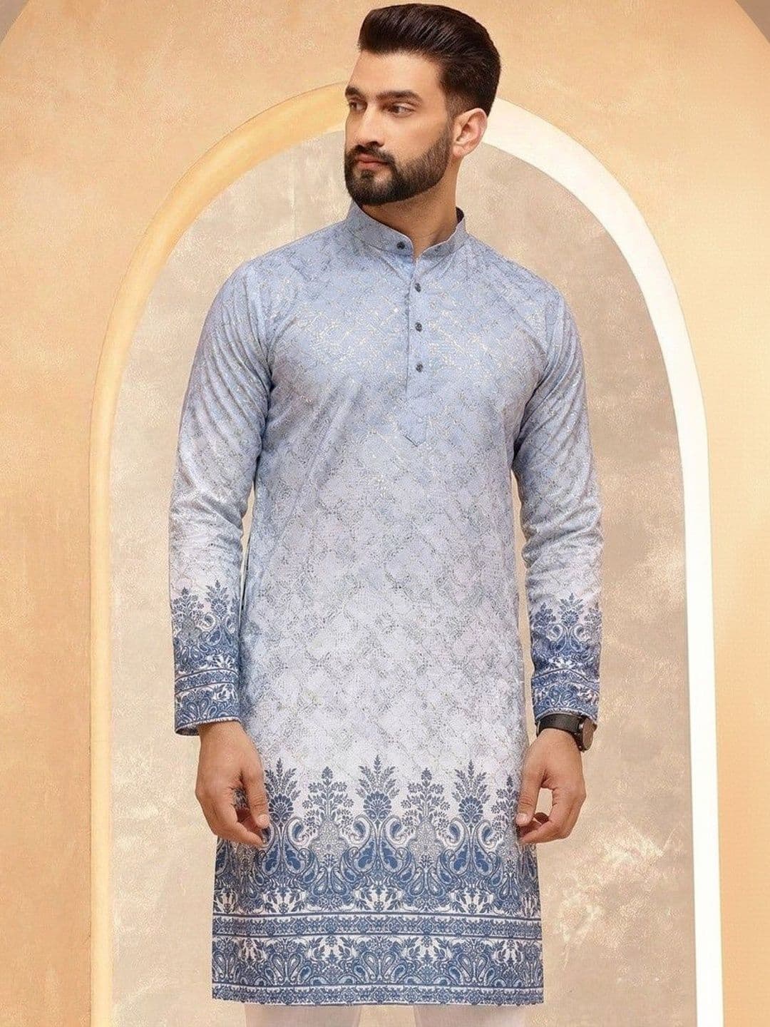 VELKYNOX Men Ethnic Motifs Printed Sequinned Floral Kurta - view 1