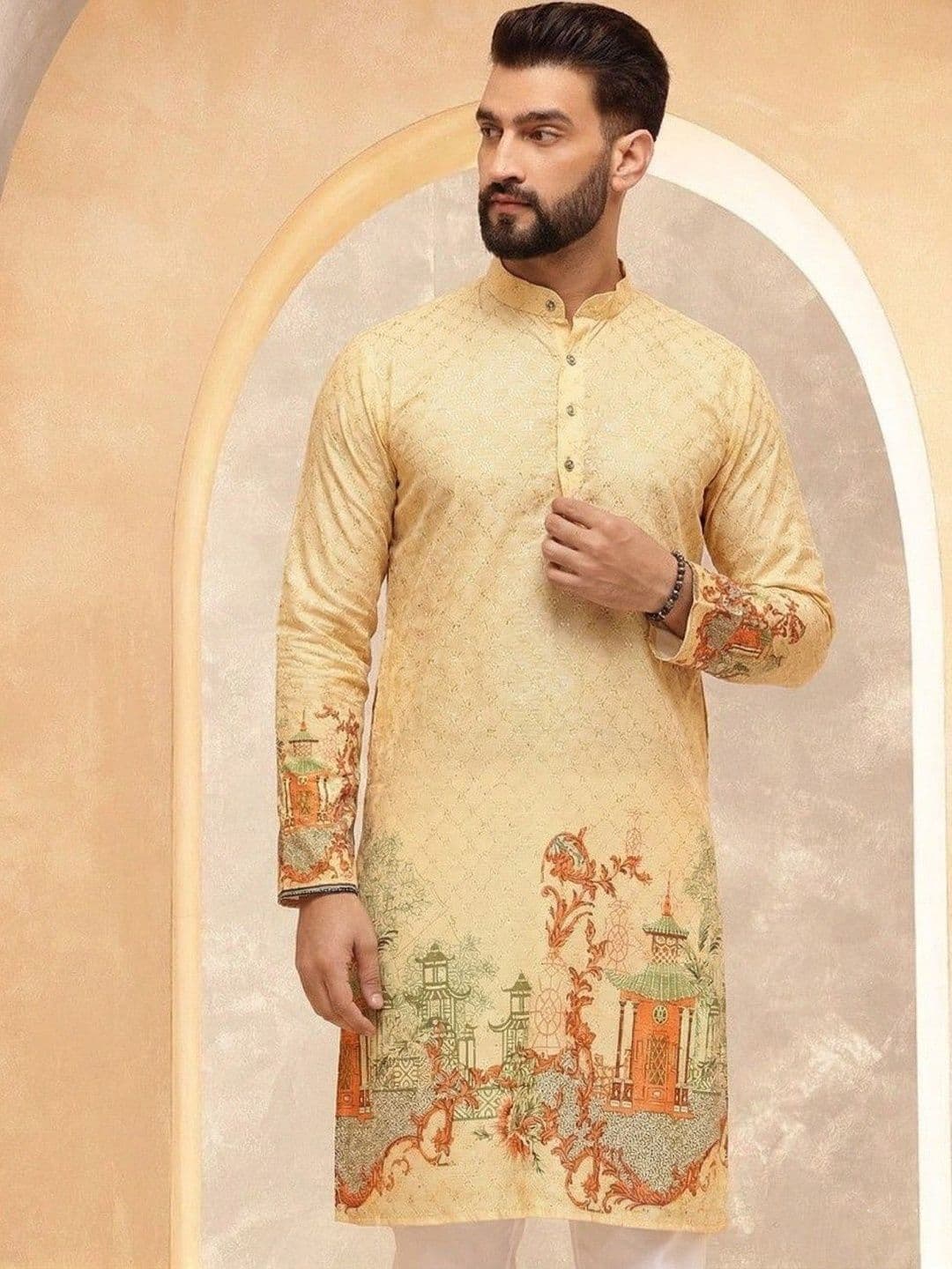 VELKYNOX Men Ethnic Motifs Printed Sequinned Floral Kurta - view 1