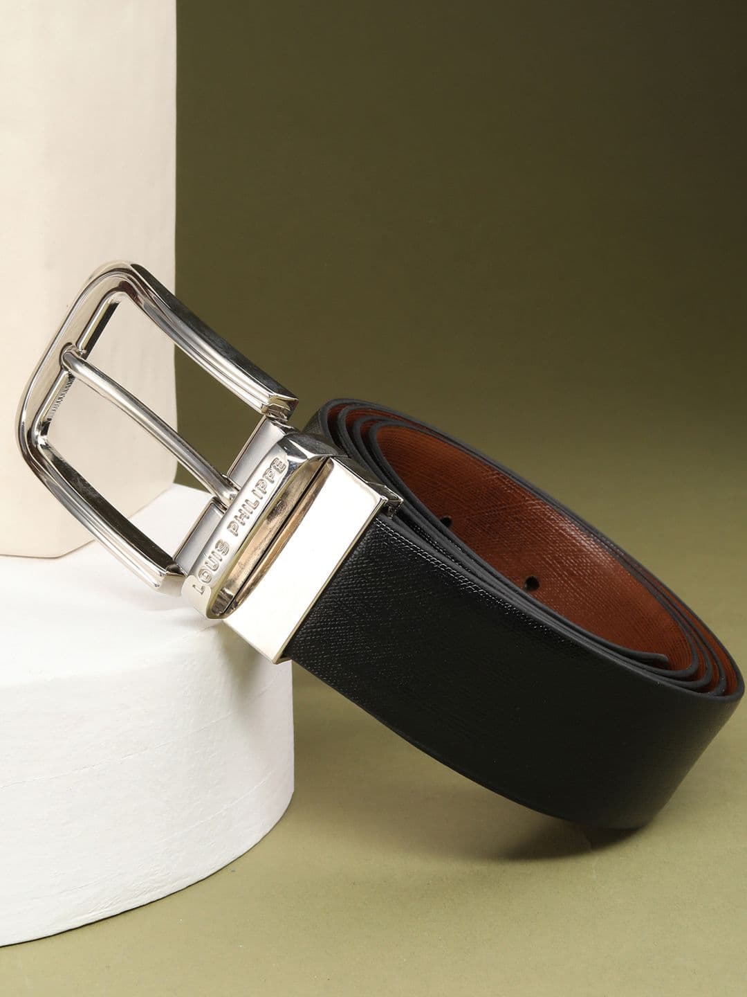Louis Philippe Men Italian Leather Shiny Nickel Buckle Formal Reversible Belt - view 1
