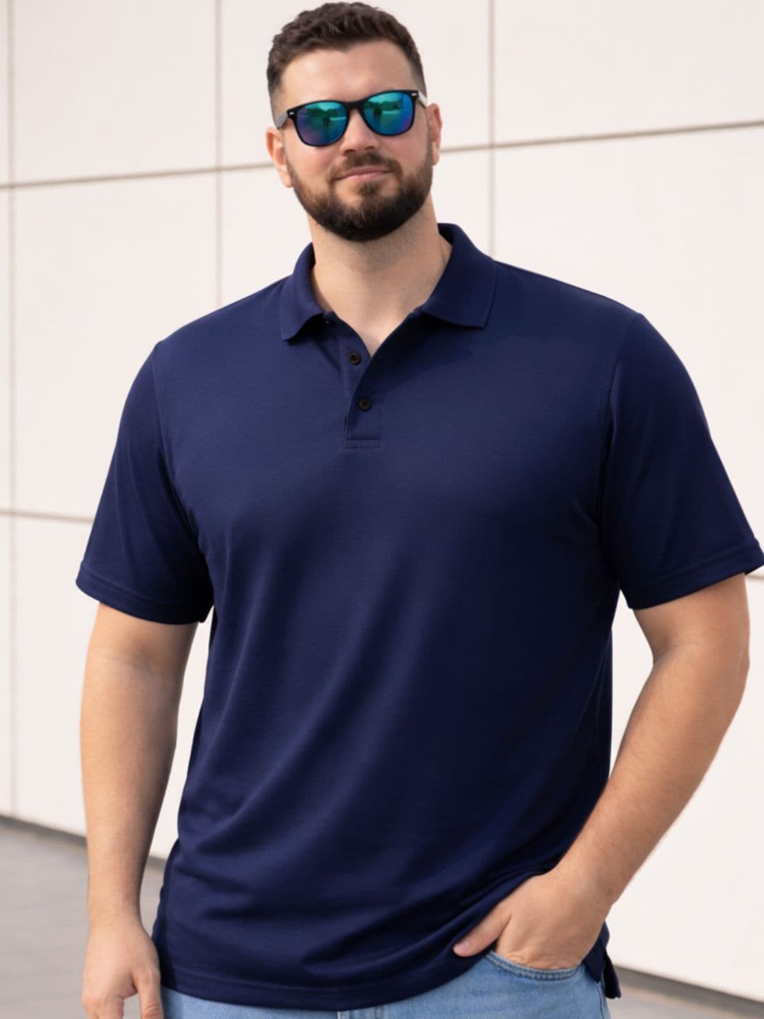 HERE&NOW Men Plus Size Solid Navy Blue Cotton Polo Collar Half Sleeve Regular Fit T-Shirt - view 1