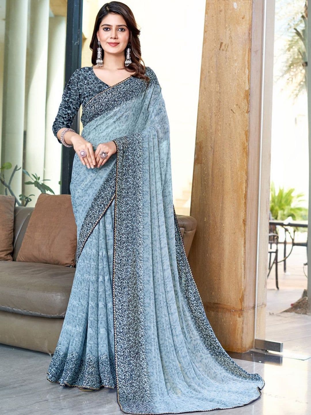 Sangria Floral Printed Sarees With Unstitched Blouse Piece - view 1