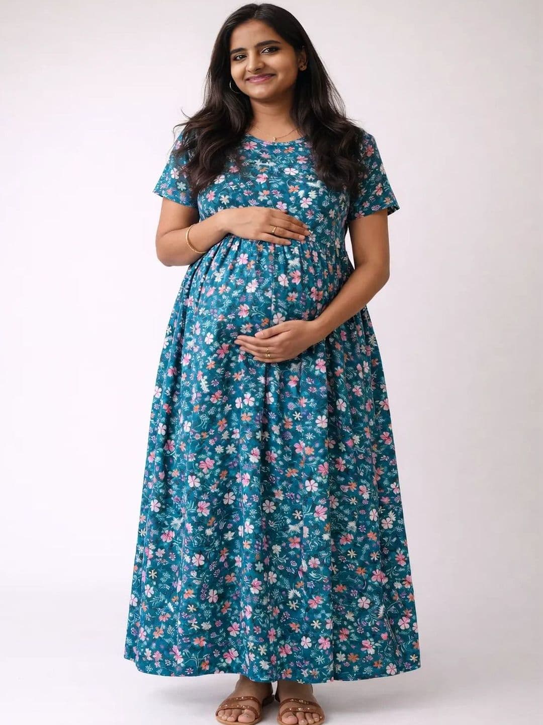MITOS Blue Cotton Floral Printed Short Sleeve Maternity Nightdress - view 1