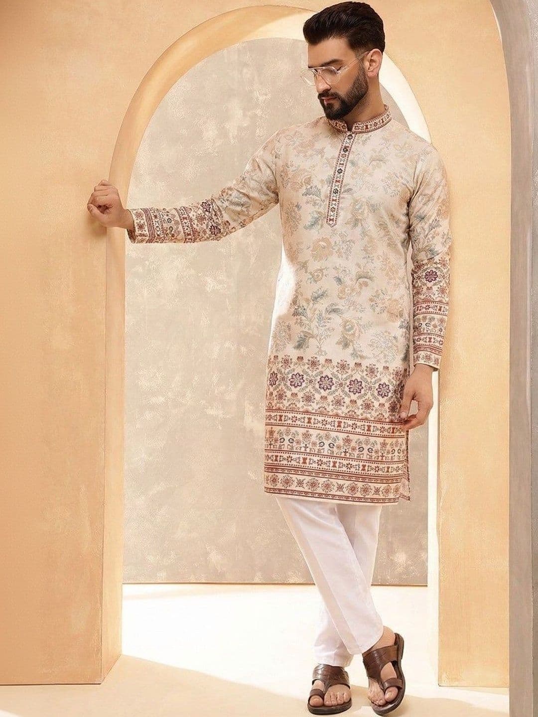 VELKYNOX Men Floral Printed Sequinned Floral Kurta - view 1
