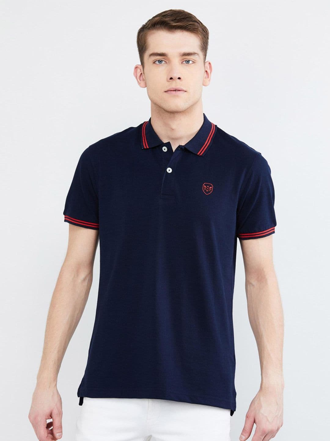 max Men Navy Blue Solid Polo Collar T-shirt - view 1