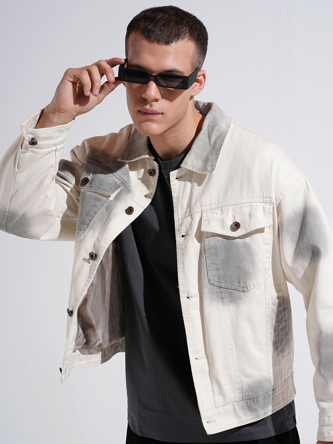 SHOWOFFFF Men Spread Collar Tie and Dye Printed Denim Jacket - view 1