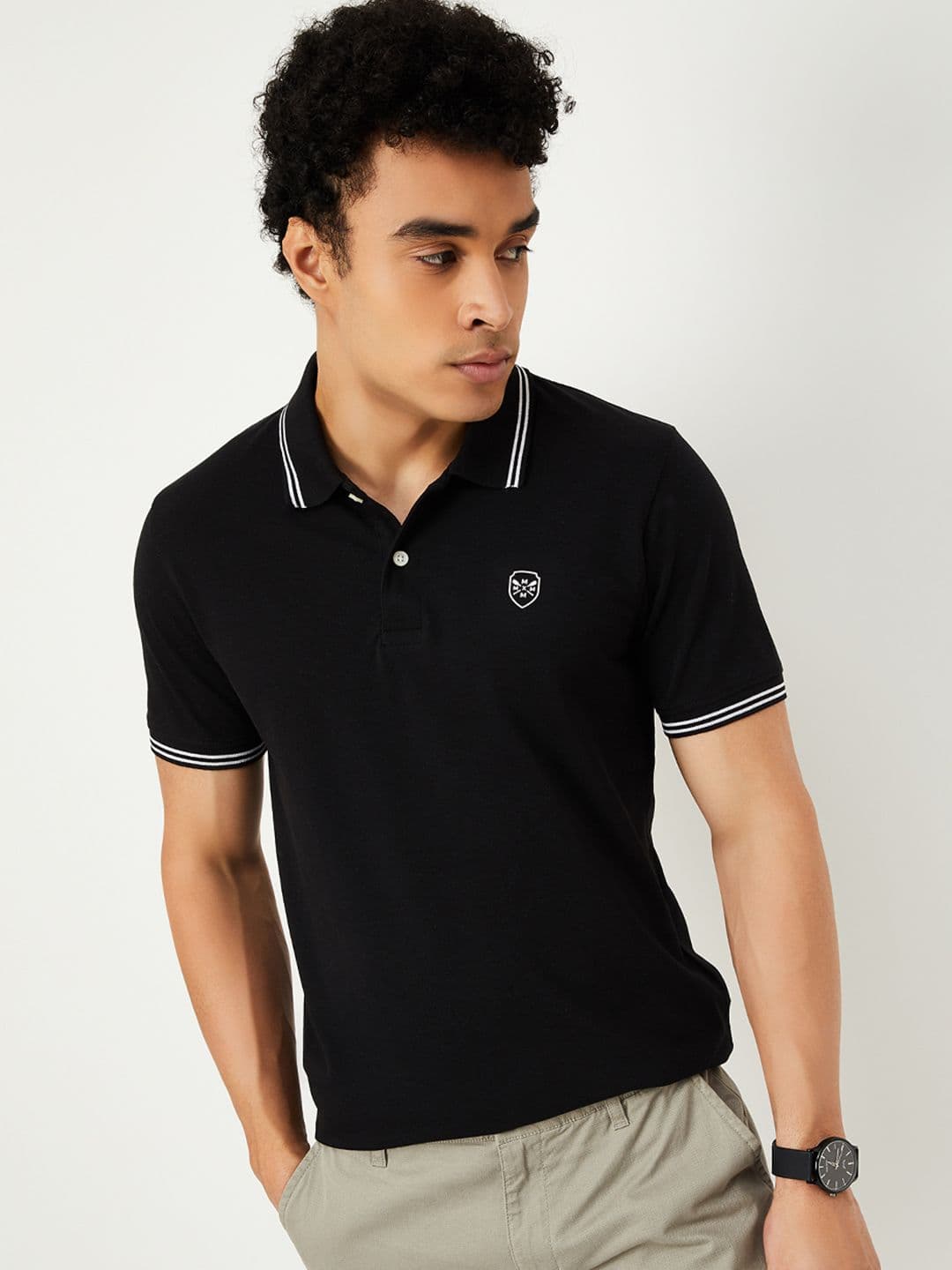 max Men Black Solid Polo Collar T-shirt - view 1