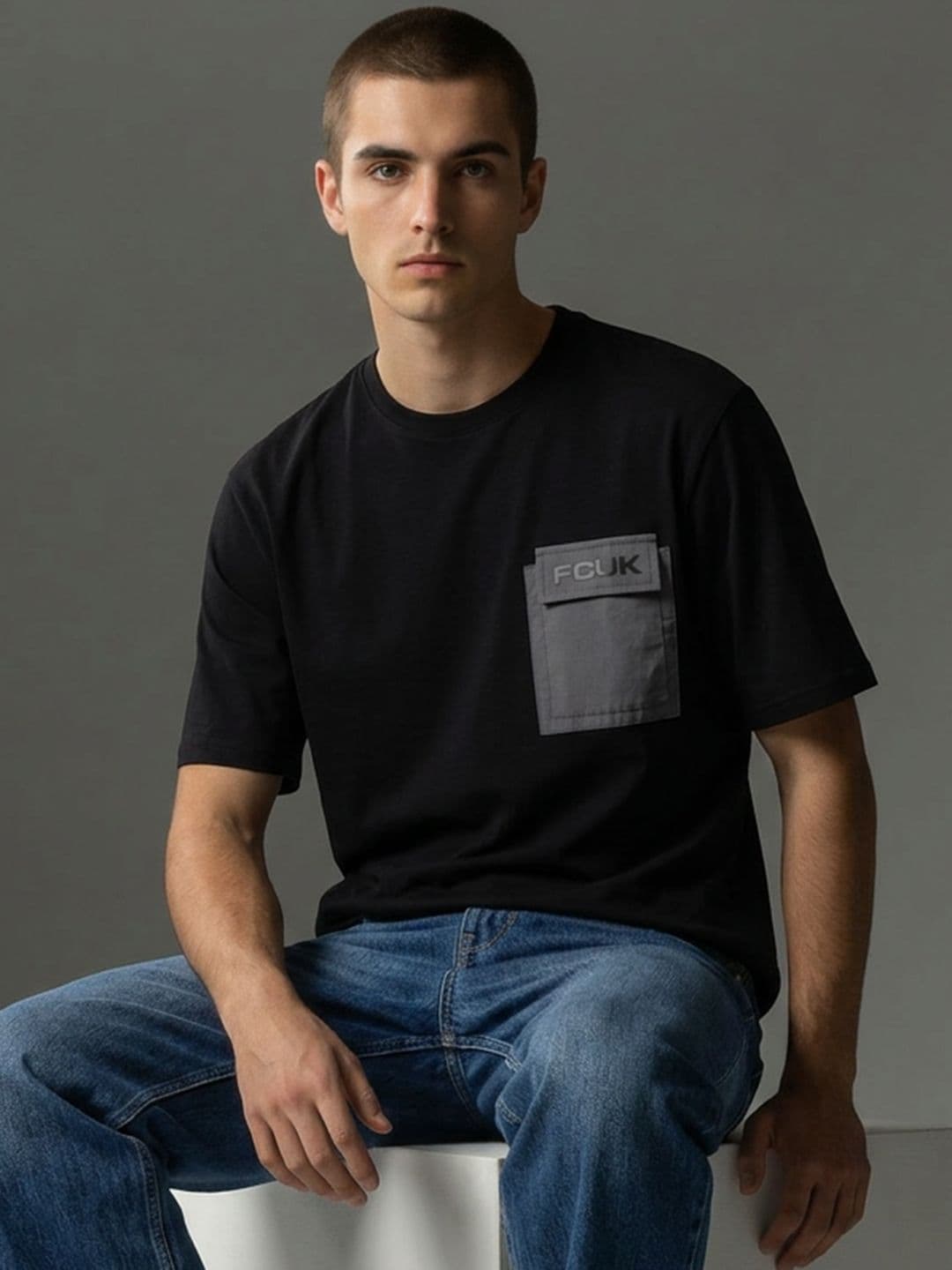 FCUK Oversized Drop Shoulder Sleeves Pure Cotton T-shirt - view 1