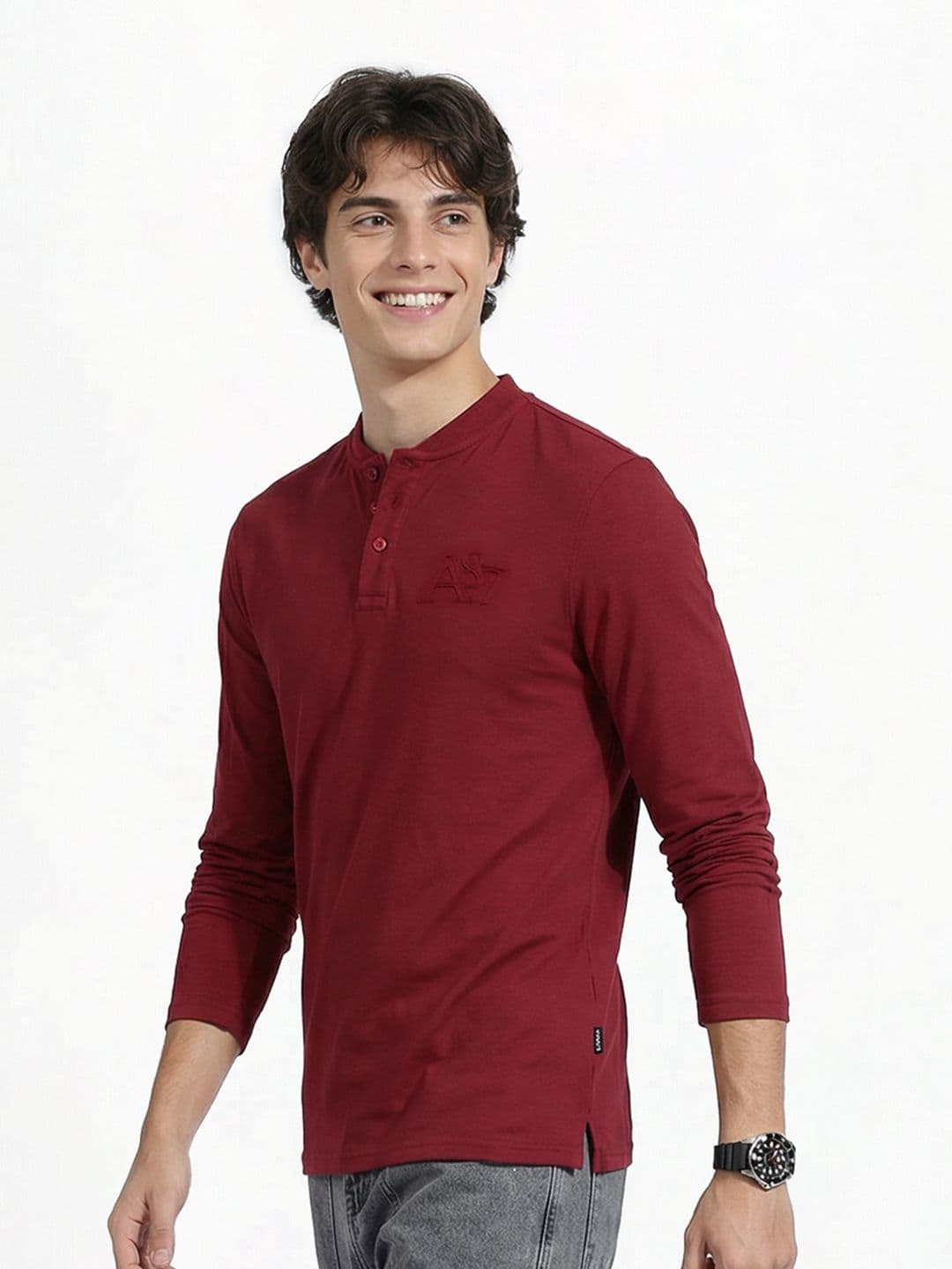 Aeropostale Brand Logo Henley Neck Pure Cotton T-shirt - view 1