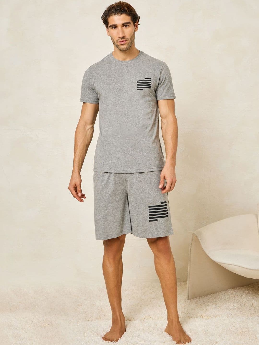 Styli Men Grey Printed Round Neck Short Sleeves Night Suit - view 1