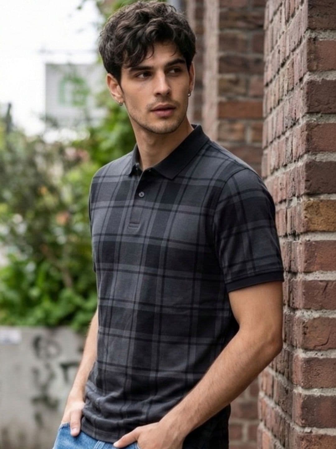 SZN Charcoal Checked Polo Collar T-shirt - view 1