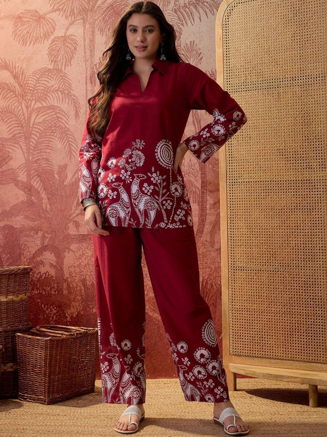 Sangria Grandeur & Majestic Artwork Cotton Tunic with Trousers - view 1