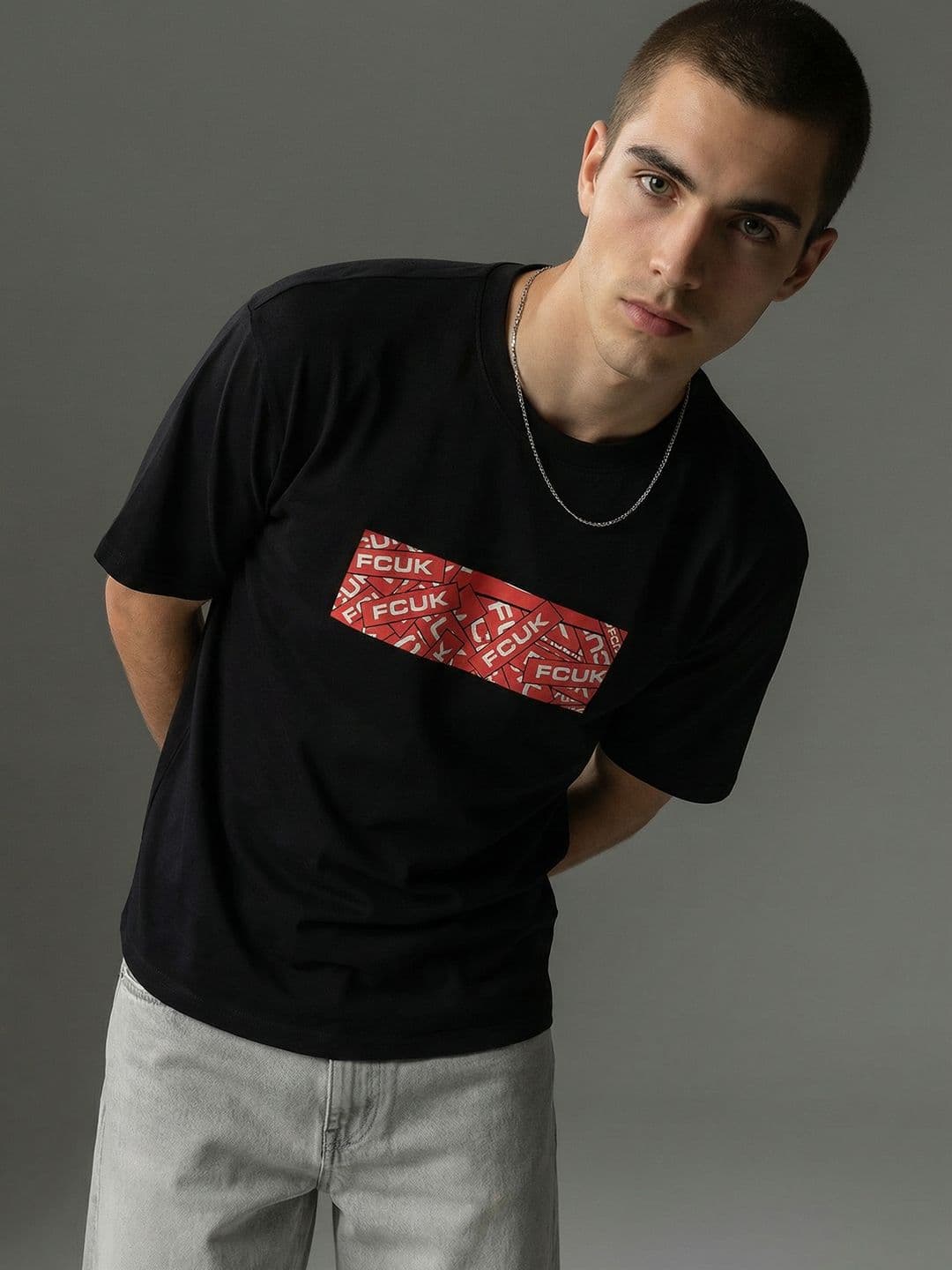 FCUK Brand Logo Printed Drop-Shoulder Sleeves Oversized Pure Cotton T-shirt - view 1