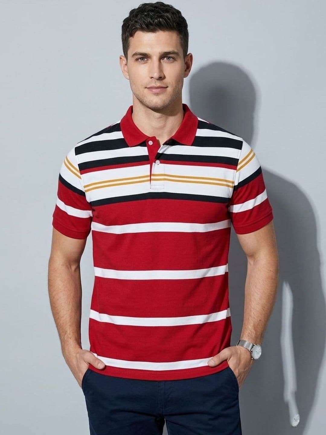 WILD COPS Men Striped Polo Collar T-shirt - view 1