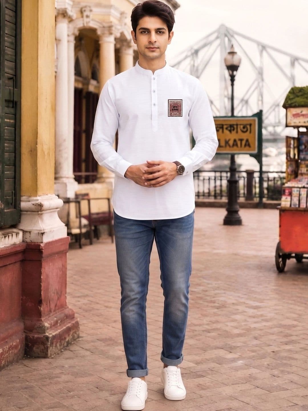 SOURAGYA Men Solid White Cotton Vintage Stamp Print Short Traditional Kurta - view 1