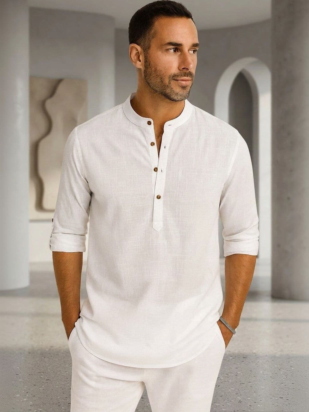 ZBIO Men Mandarin Collar Roll-Up Sleeves Straight Kurta - view 1