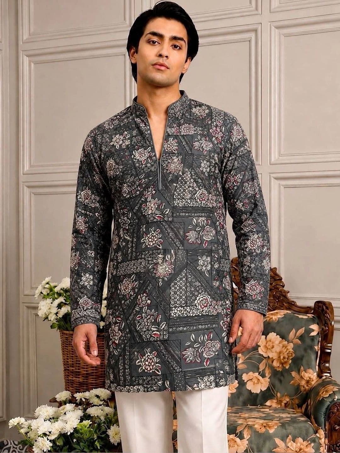 House of Pataudi Men Floral Printed Floral Kurta - view 1