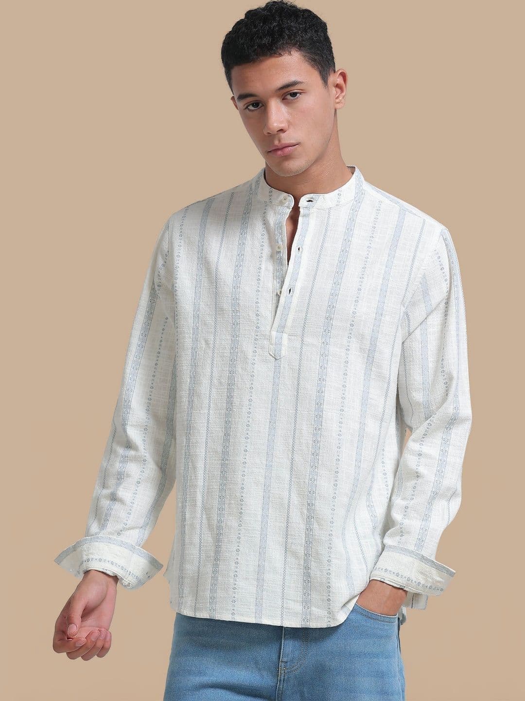 StitchX Men's Pure Cotton Striped Mandarin Collar Kurta Shirt - view 1