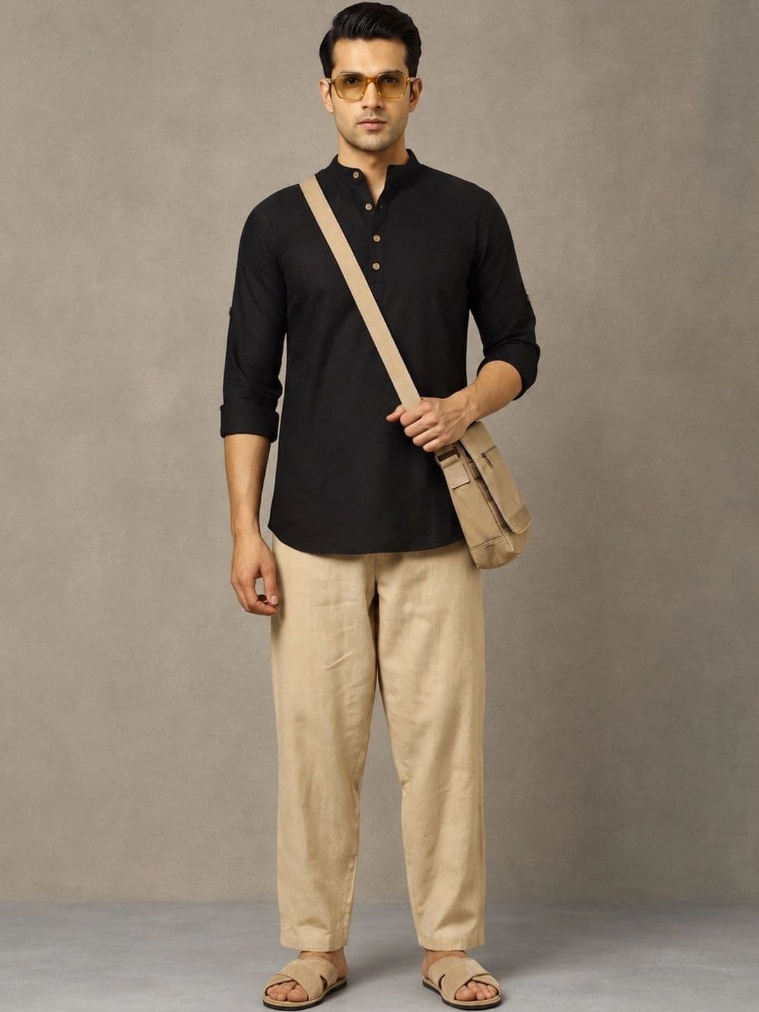 Navibhu Woven Design Solid Cotton Handloom Mandarin Collar Short Kurta - view 1