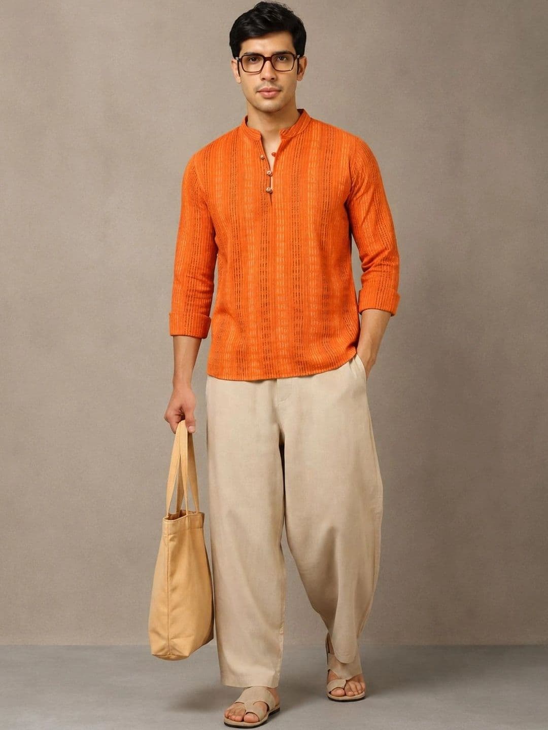 Navibhu Woven Design Striped Cotton Handloom Mandarin Collar Short Kurta - view 1