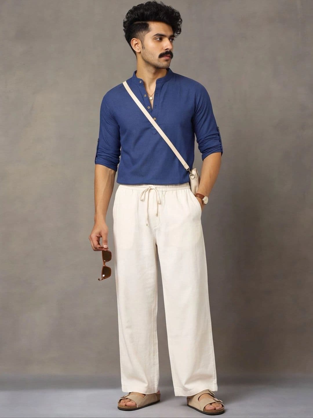 Navibhu Woven Design Solid Cotton Handloom Mandarin Collar Short Kurta - view 1