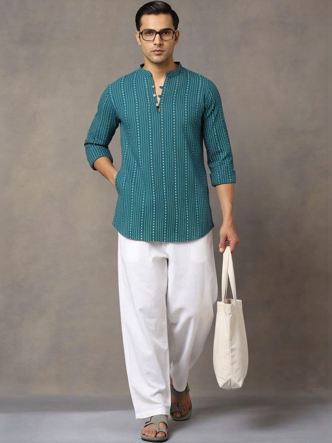 Navibhu Woven Design Striped Cotton Handloom Mandarin Collar Short Kurta - view 1