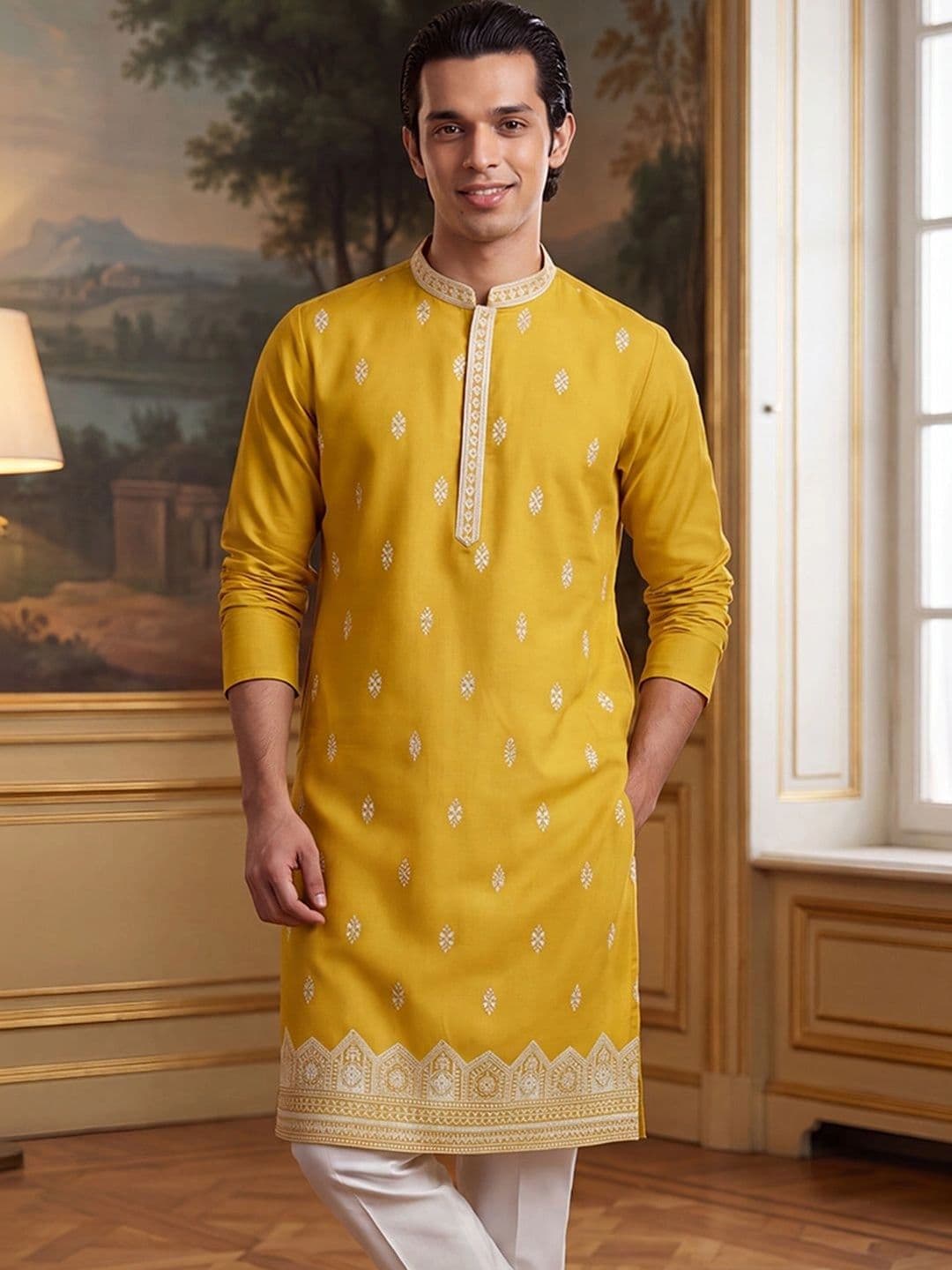 House of Pataudi Men Embellished Thread Work Kurta - view 1