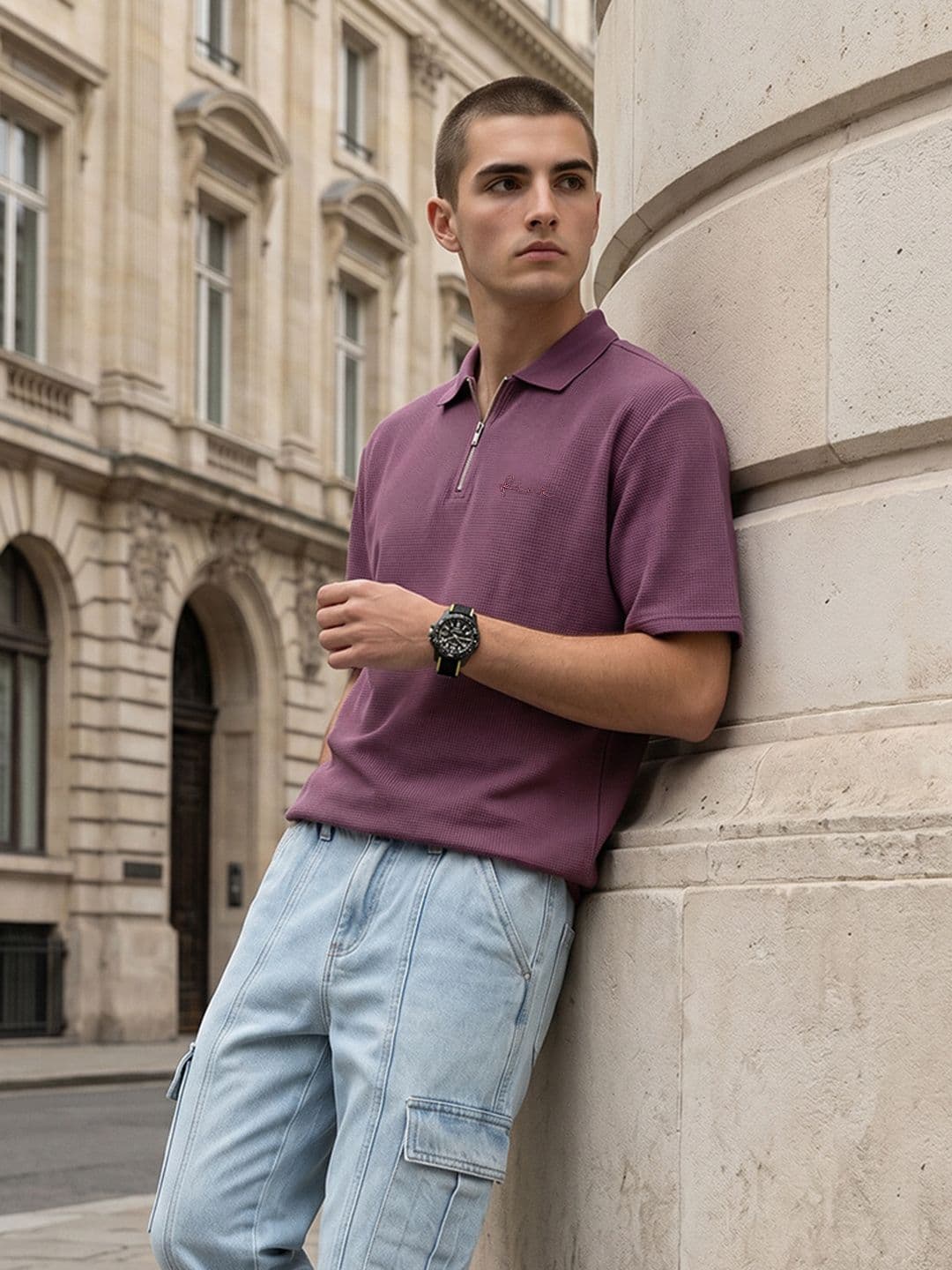 FCUK Relaxed Fit Self Design Polo Collar T-shirt - view 1