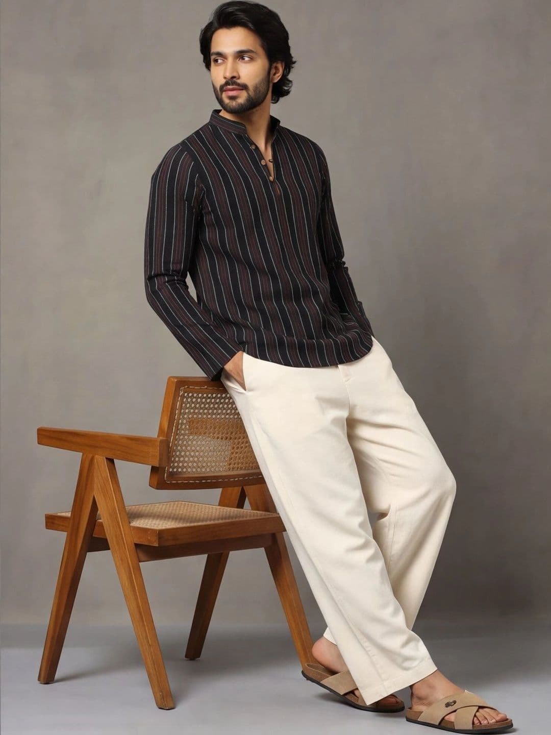 Navibhu Woven Design Striped Cotton Handloom Mandarin Collar Short Kurta - view 1