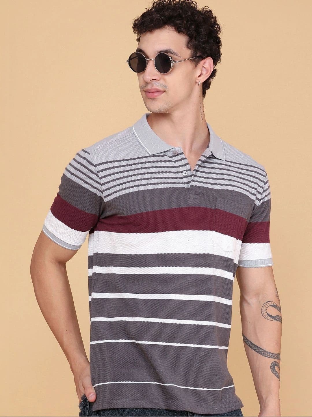 LIMEROAD Men Striped Polo Collar Pockets T-shirt - view 1
