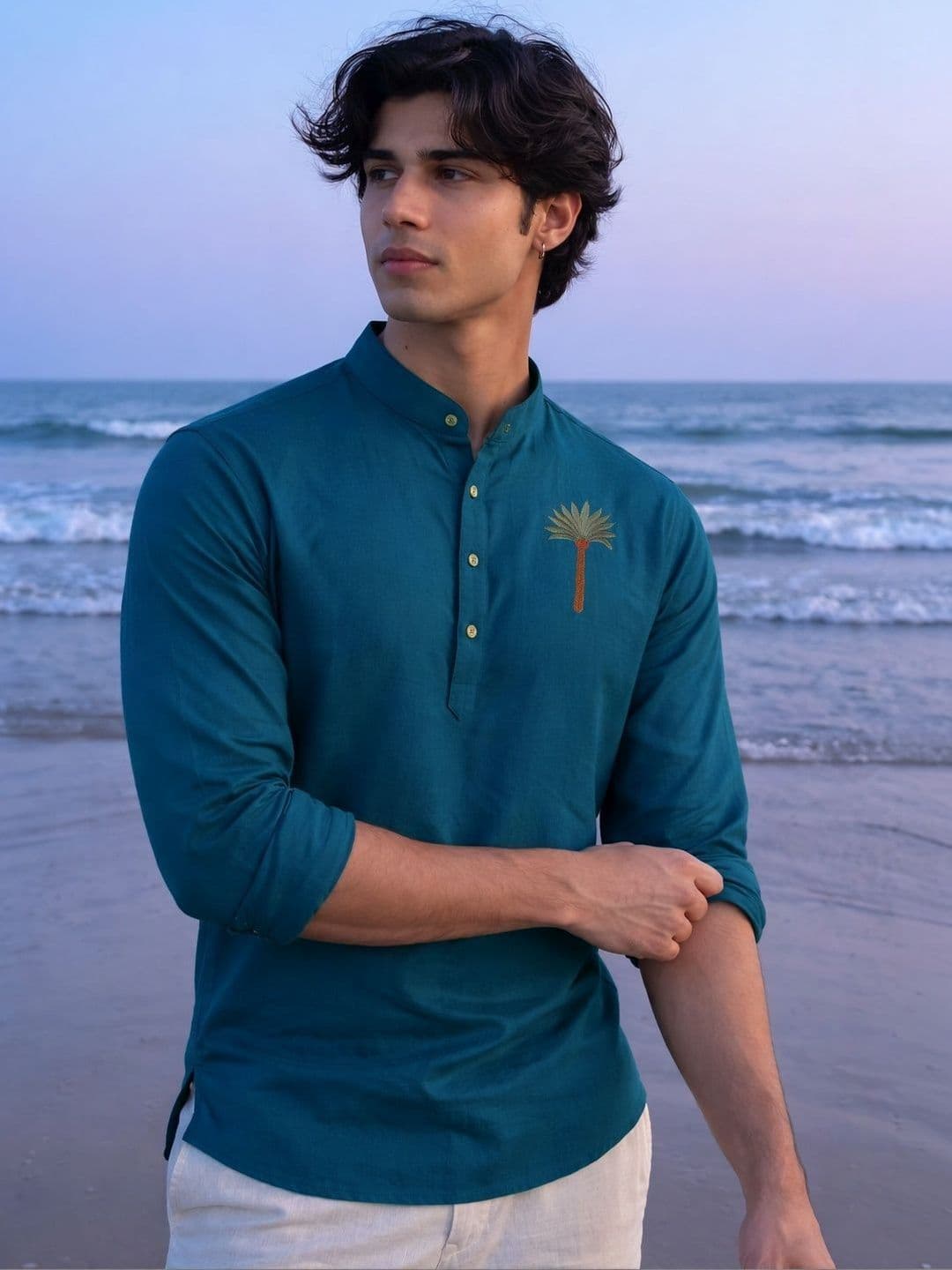 Anouk Men Embroidered Rolled up Sleeves Short Kurta - view 1