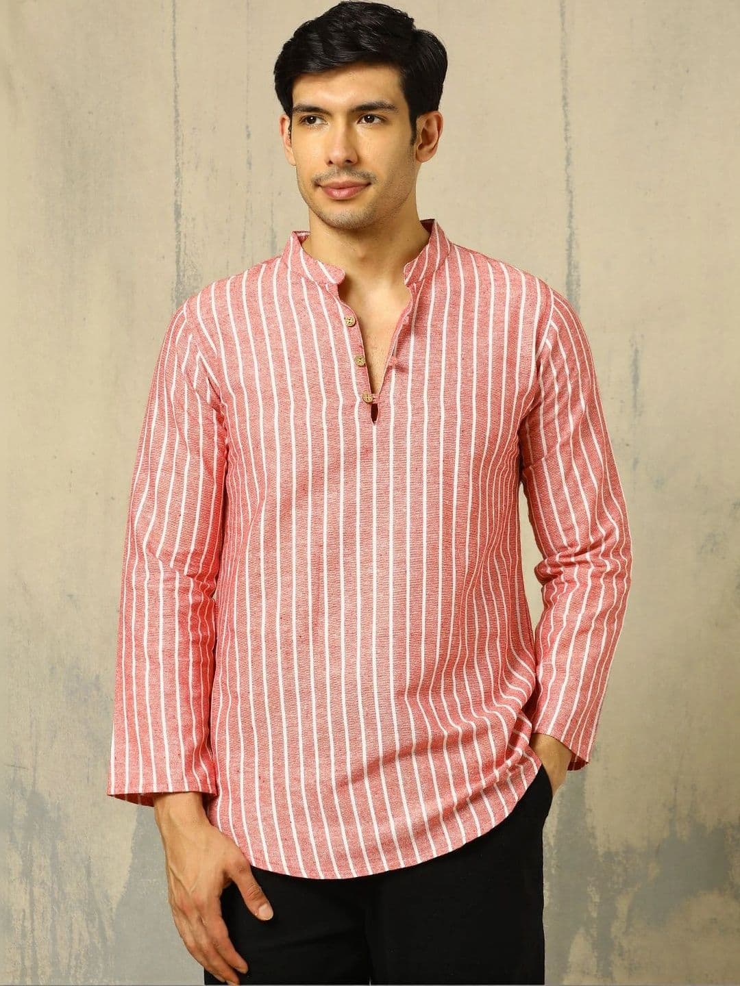 Anouk Woven Design Striped Cotton Handloom Mandarin Collar Short Kurta - view 1