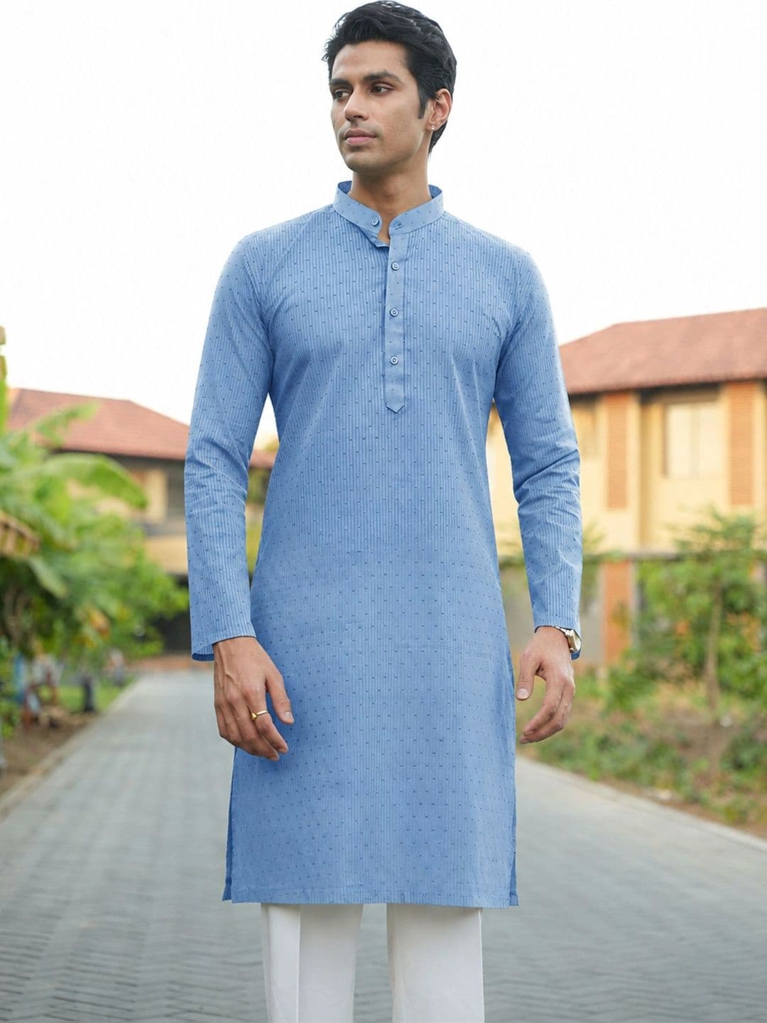 Anouk Men's Blue Self-Design Cotton Straight Kurta - view 1