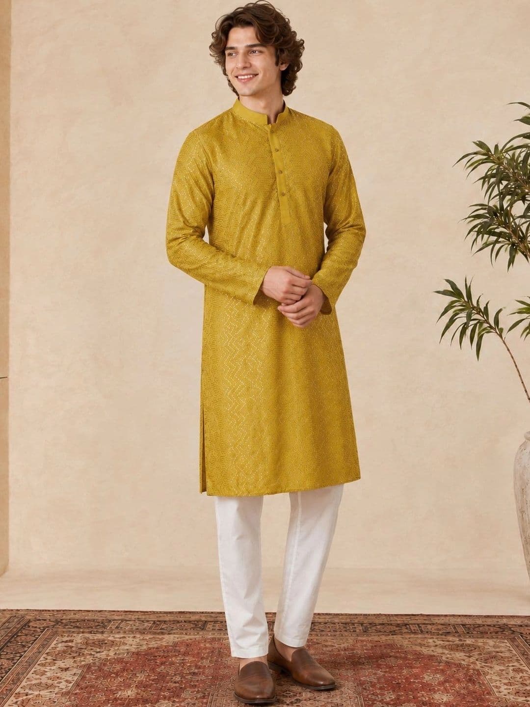 HERE&NOW Men Chevron Embellished Sequinned Liva Kurta - view 1