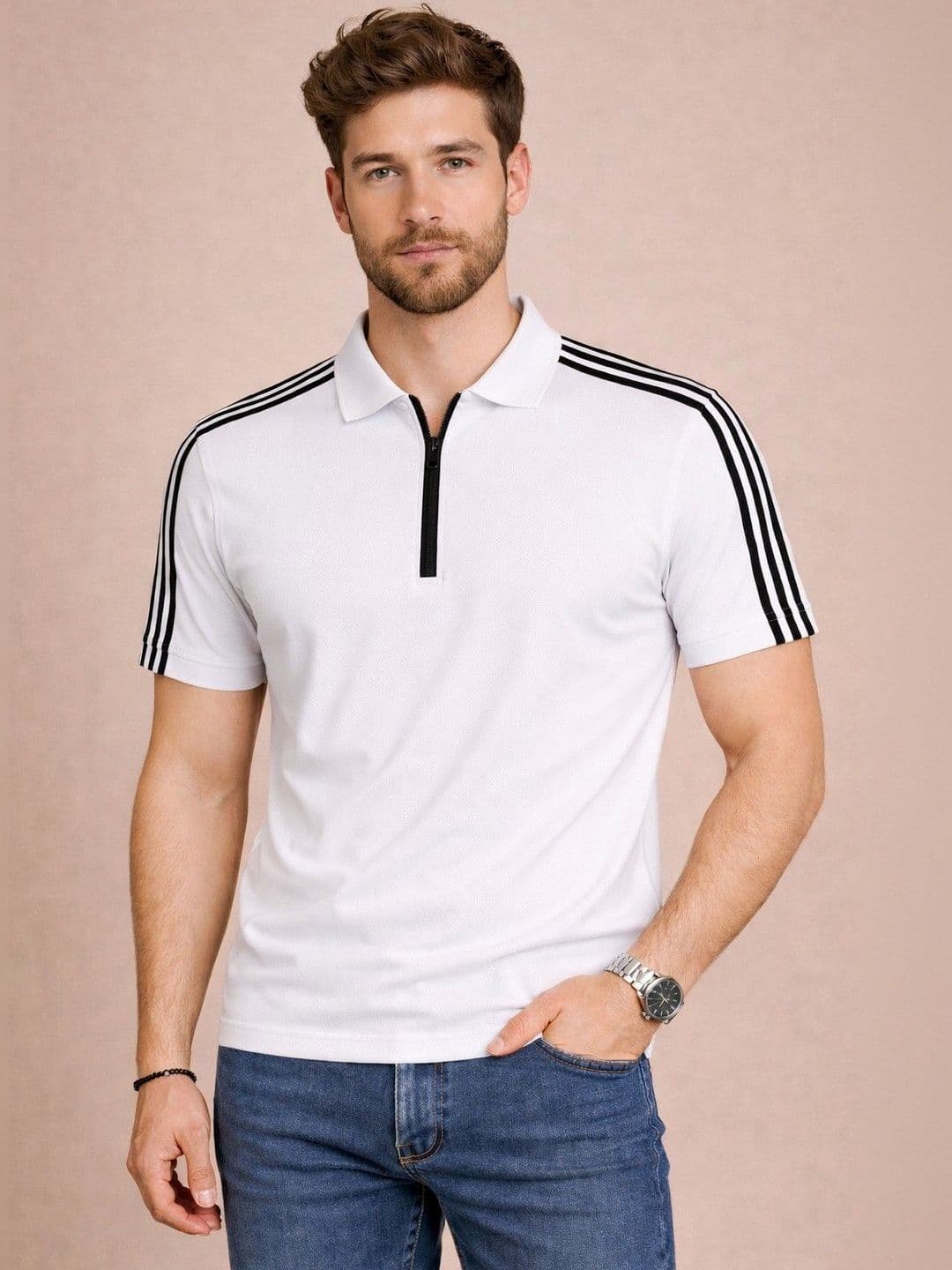 Organic Chics Men Striped Polo Collar Dri-FIT Slim Fit T-shirt - view 1