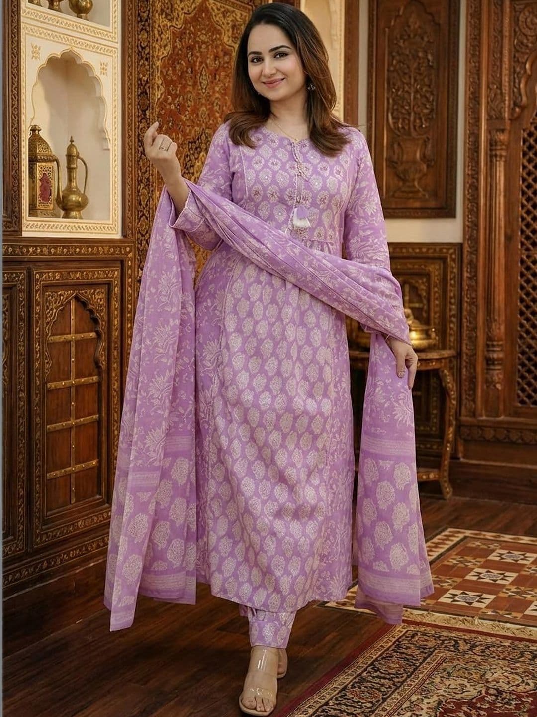 BABA KURTI Women Ethnic Motifs Printed Regular Thread Work Kurta with Trousers & With Dupatta - view 1