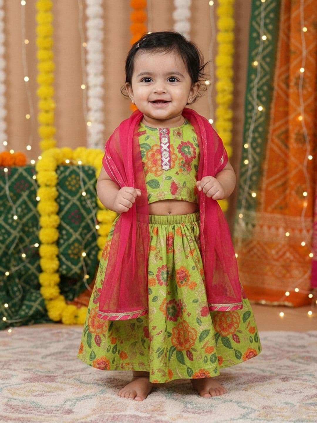 Sangria <p>Blouse Fabric : Cotton<br>Lehenga Fabric: Cotton <br>Dupatta ; Net <br> Machine wash < - view 1