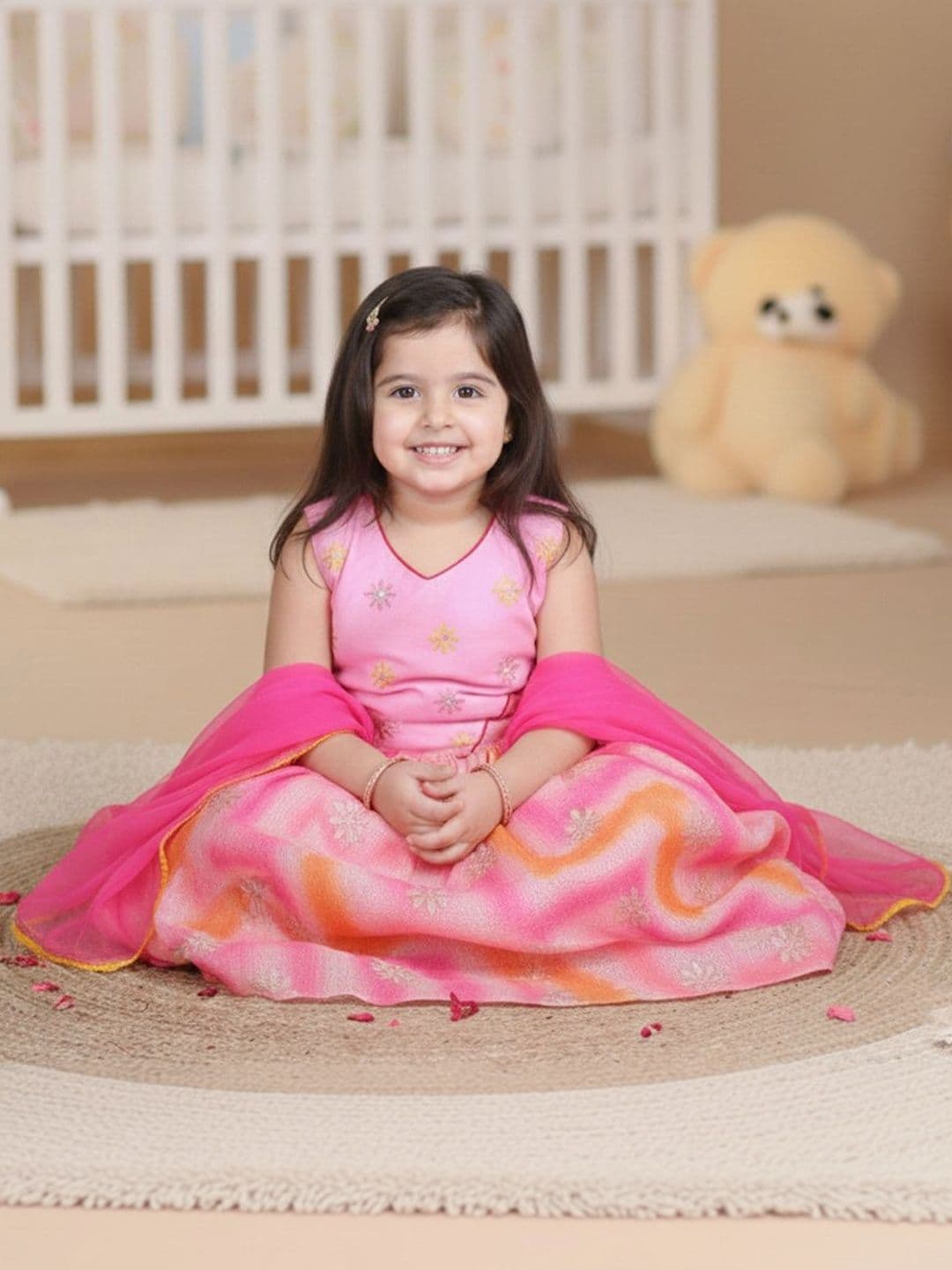 Sangria Girls Pink Kota Lehenga With Pink Embroidered Sleeveless Top And Dupatta - view 1