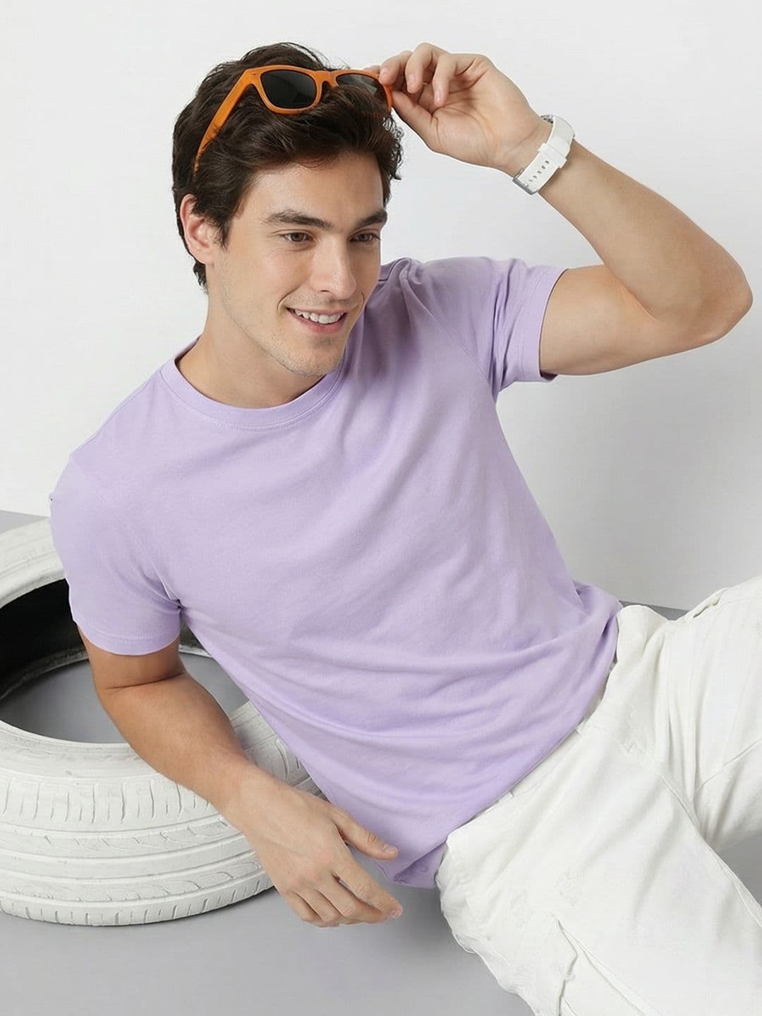 Mast & Harbour Mast Harbour Men Lavender Pure Cotton Solid Round Neck Pure Cotton T-shirt - view 1