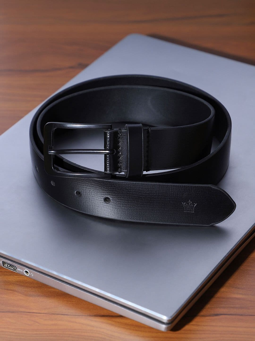 Louis Philippe Men Italian Leather Matt Black Zinc Alloy Buckle Formal Profile Belt - view 1