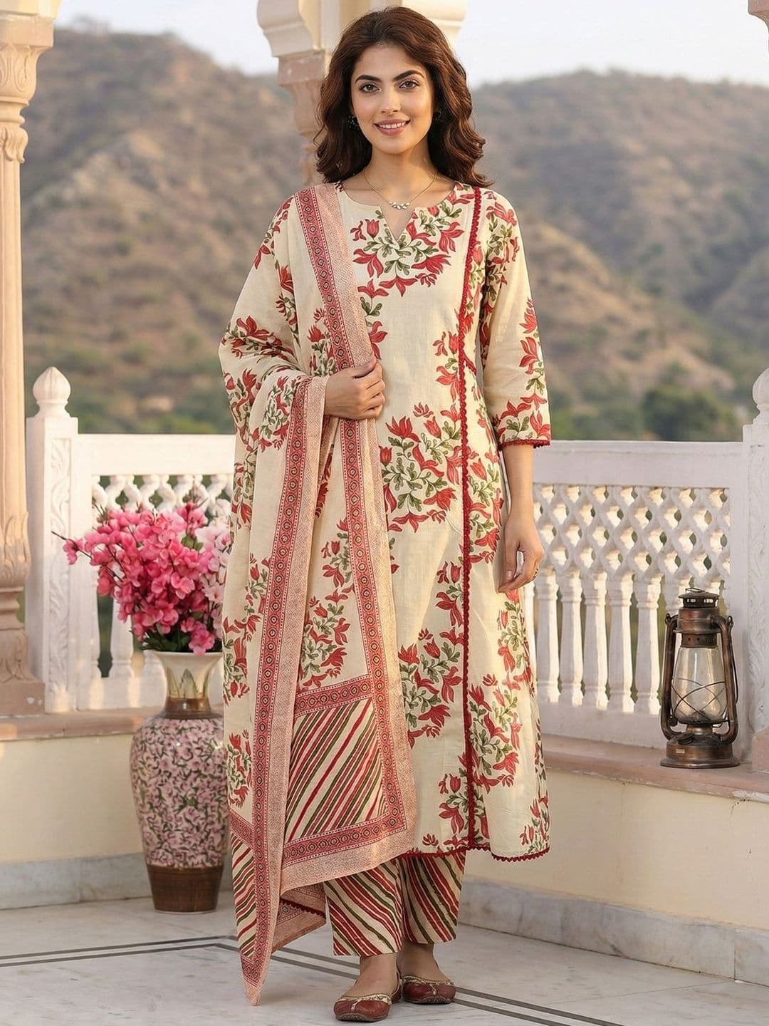 Anouk Women Floral Printed Regular Pure Cotton Kurta with Trousers & With Dupatta - view 1