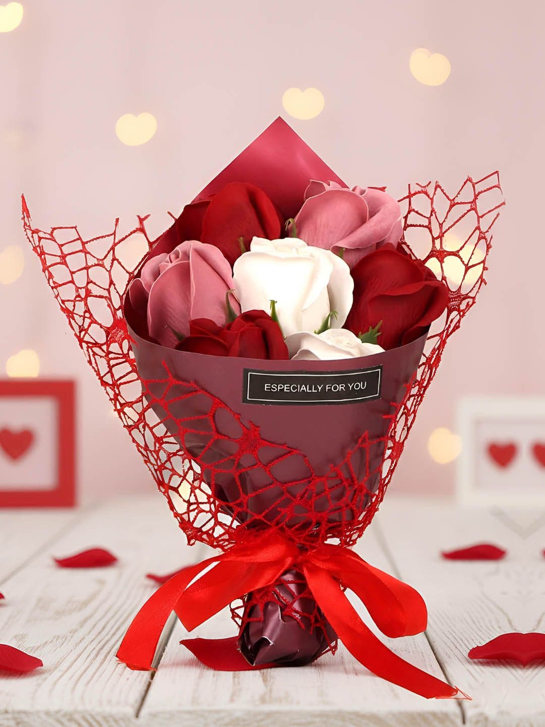 TIED RIBBONS Valentines Day Red & Pink Artificial Rose Flower Bouquet - view 1