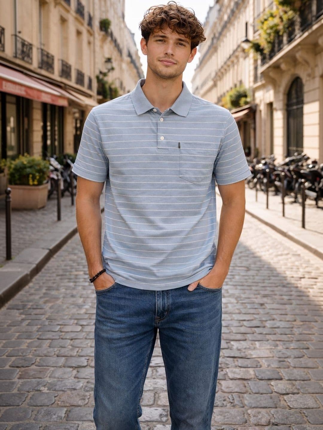 WILD ELEPHANT Men Striped Polo Collar Pockets T-shirt - view 1