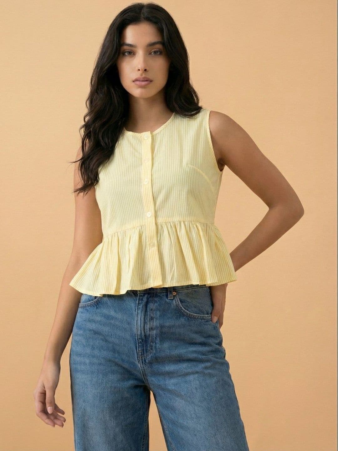 QIOA Striped Cotton Blend Peplum Top - view 1