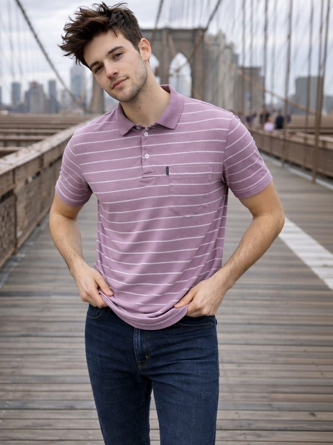 WILD ELEPHANT Men Striped Polo Collar Pockets T-shirt - view 1